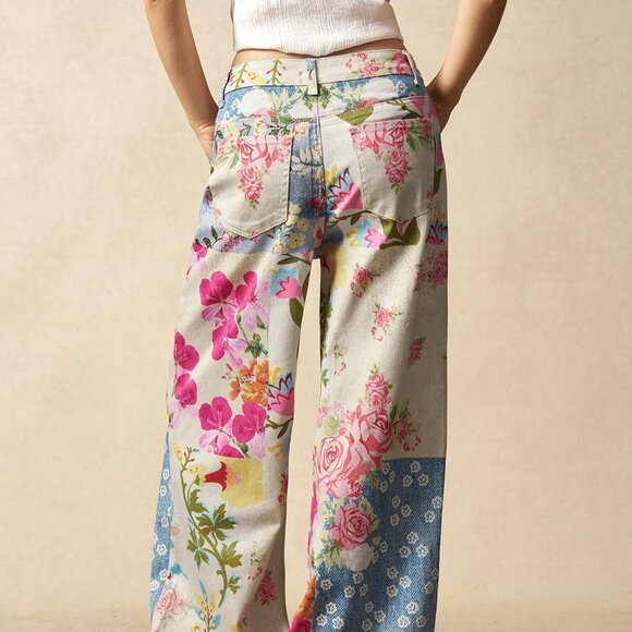 Multicolor Casual Women's Woven Printed Loose Wide-Leg Pants - Picture 2 of 7